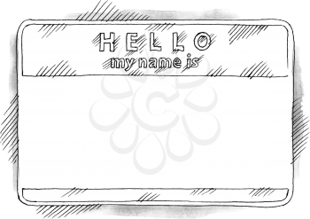 HELLO my name is tag sticker on white background. Blank badge painted handmade draw ink sketch technique