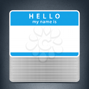 Blue color name tag HELLO my name is. Pile blank stickers with drop gray shadow on gray background
