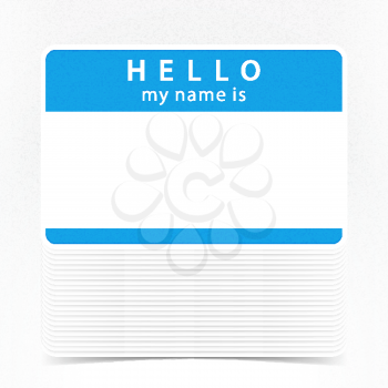 Blue color name tag HELLO my name is. Pile blank stickers with drop gray shadow on white background