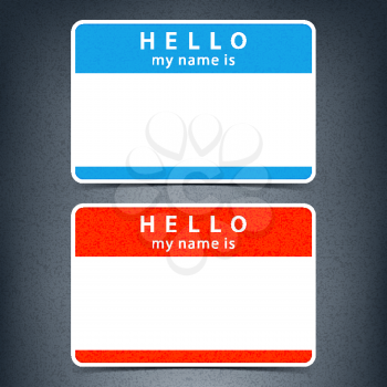 Blue and red name tag blank sticker HELLO my name is with drop black shadow on dark gray background with noise grain texture