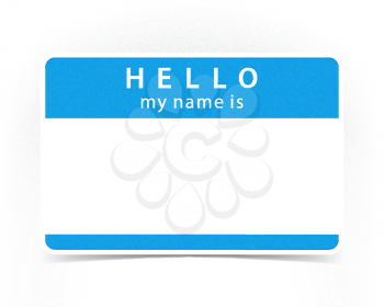 Blue color name tag blank sticker HELLO my name is with drop gray shadow on white background
