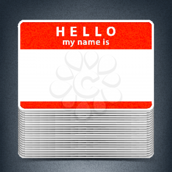 Red color name tag HELLO my name is. Pile blank stickers with drop gray shadow on gray background. Copy space for text