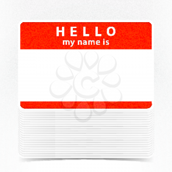 Red color name tag HELLO my name is. Pile blank stickers with drop gray shadow on white background. Copy space for text