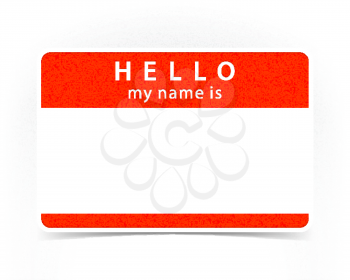 Red name tag empty sticker HELLO my name is with drop gray shadow on white background