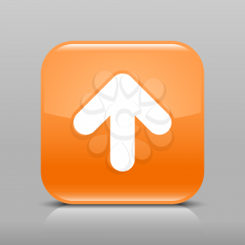 Orange glossy web button with arrow upload sign. Rounded square shape icon with shadow and reflection on light gray background