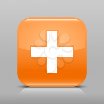 Orange glossy web button with plus sign. Rounded square shape icon with shadow and reflection on light gray background