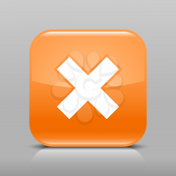 Orange glossy web button with delete sign. Rounded square shape icon with shadow and reflection on light gray background