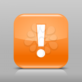 Orange glossy web button with attention warning sign. Rounded square shape icon with shadow and reflection on light gray background