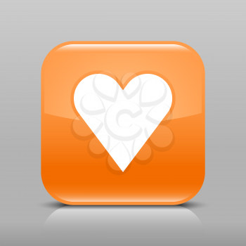 Orange glossy web button with heart sign. Rounded square shape icon with shadow and reflection on light gray background