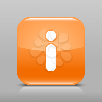 Orange glossy web button with information sign. Rounded square shape icon with shadow and reflection on light gray background