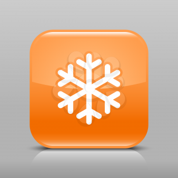Orange glossy web button with low temperature sign snowflake symbol. Rounded square shape icon with shadow and reflection on light gray background