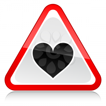 Red attention hazard warning sign with heart symbol with reflection on white background