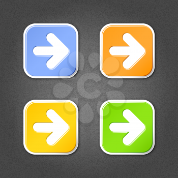 4 colored arrow sign square stickers. Smooth green, orange, yellow, blue internet web button with drop shadow on gray background with noise effect
