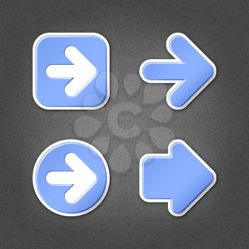 4 blue sticker arrow sign web icon. Smooth internet button with drop shadow on gray background with noise effect