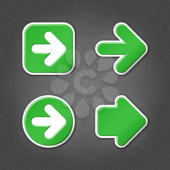 4 green sticker arrow sign web icon. Smooth internet button with drop shadow on gray background with noise effect