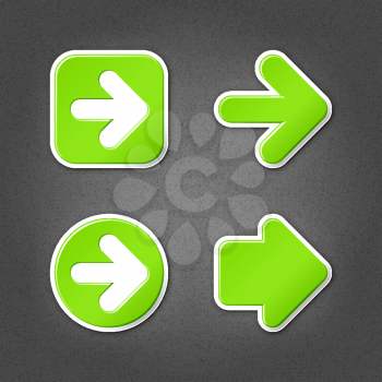 4 green arrow sign sticker web icon. Smooth internet button with drop shadow on gray background with noise effect