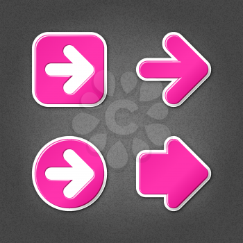 4 magenta sticker arrow sign web icon. Smooth internet button with drop shadow on gray background with noise effect