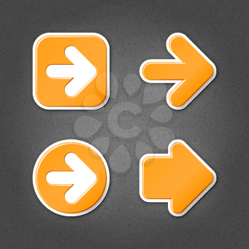 4 orange sticker arrow sign web icon. Smooth internet button with drop shadow on gray background with noise effect