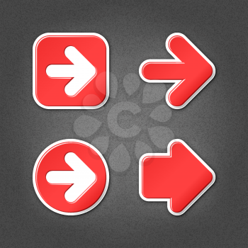4 red sticker arrow sign web icon. Smooth internet button with drop shadow on gray background with noise effect