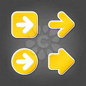 4 yellow sticker arrow sign web icon. Smooth internet button with drop shadow on gray background with noise effect