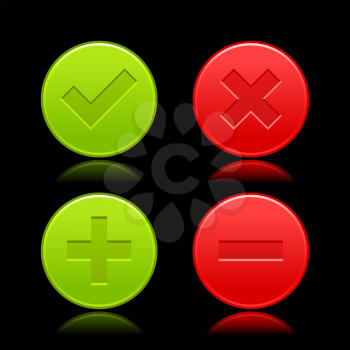 Red and green icon with check mark, delete, plus and minus signs. Satin validation web buttons with color reflection on black background