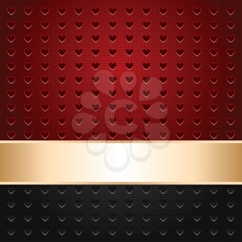 Background perforated in shape heart, template surface, gold ribbon