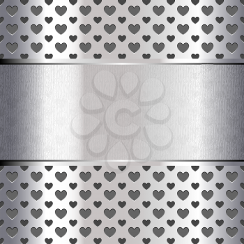 Background perforated shape heart, metallic texture. Vector 10eps