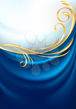 Blue fabric curtain, background. Gold vignette