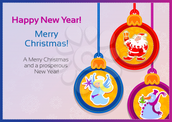 Christmas ball, Santa Claus, Snowman with fir-tree, Angel. Can be used like a Christmas card