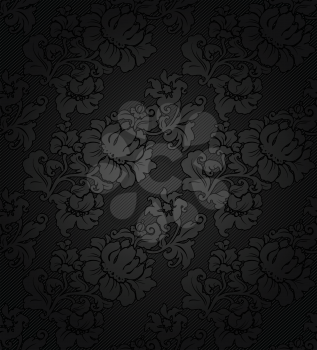 Corduroy dark background, ornamental gray flowers texture fabric