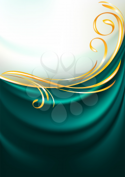Dark emerald fabric curtain, background. Gold vignette