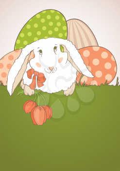 Easter bunny with tulips on the grass