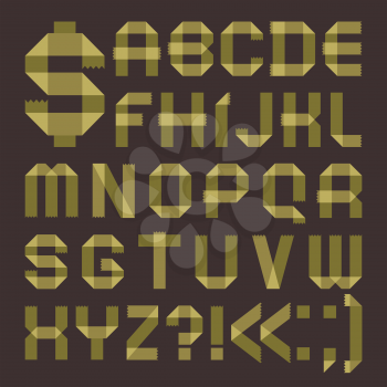Font from greenish scotch tape -  Roman alphabet (A, B, C, D, E, F, G, H, I, J, K, L, M, N, O, P, Q, R, S, T, U, V, W, X, Y, Z).
