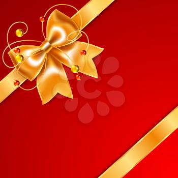 Golden bow of silk ribbon, isolated on red background. Vector illustration saved in file format EPS v. 10