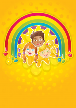 Three happy children in a rainbow and the sun - template, vector