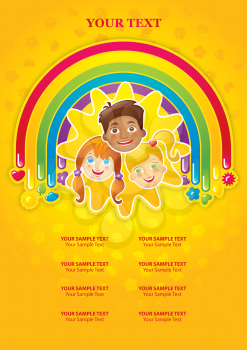 Three happy children in a rainbow and the sun - template