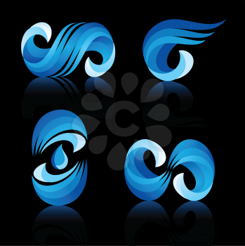 Wave and water icons with reflection on black background vector