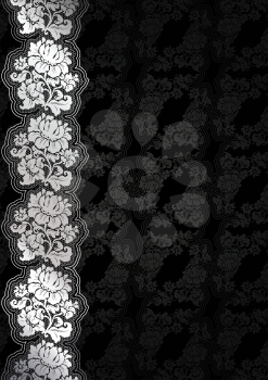 Silver flower background with lace, dark vector template
