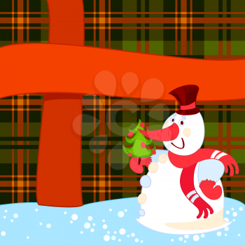 Snowman with Christmas tree near a big present.