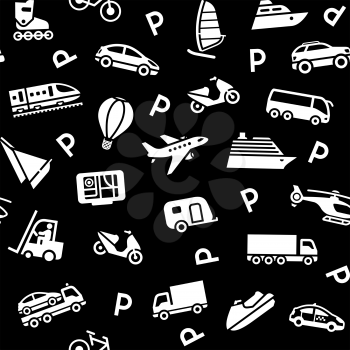 Seamless black background, white transport icons. Wrapping paper