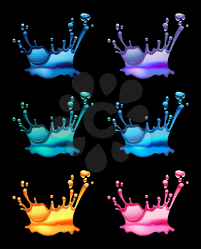 Set of splashing water drops, black background, vector