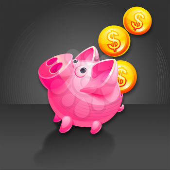 Piggy Bank and falling Money. Pig vector icon. Black background