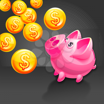 Piggy bank illustration. Vector icon. Pink. Black background