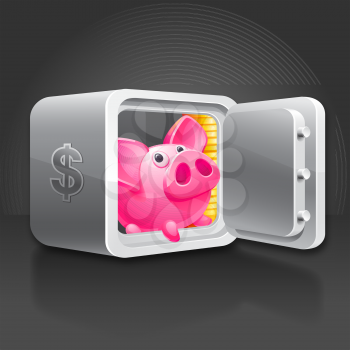 Piggy bank in a safe, money. Black background