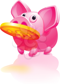 Pink piggy bank, pig vector icon, gold coins