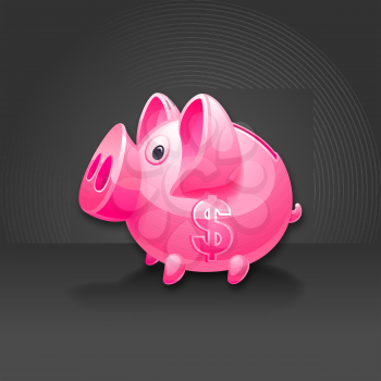 Pink piggy bank with dollar sign. Black background