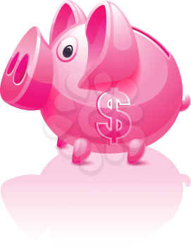 Pink piggy bank with dollar sign, vector