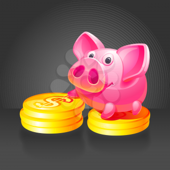 Pink piggy bank with gold coins. Black background
