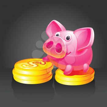 Pink piggy bank with gold coins. 10 EPS vector.