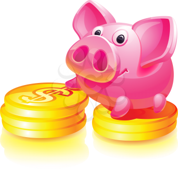 Pink piggy bank with gold coins